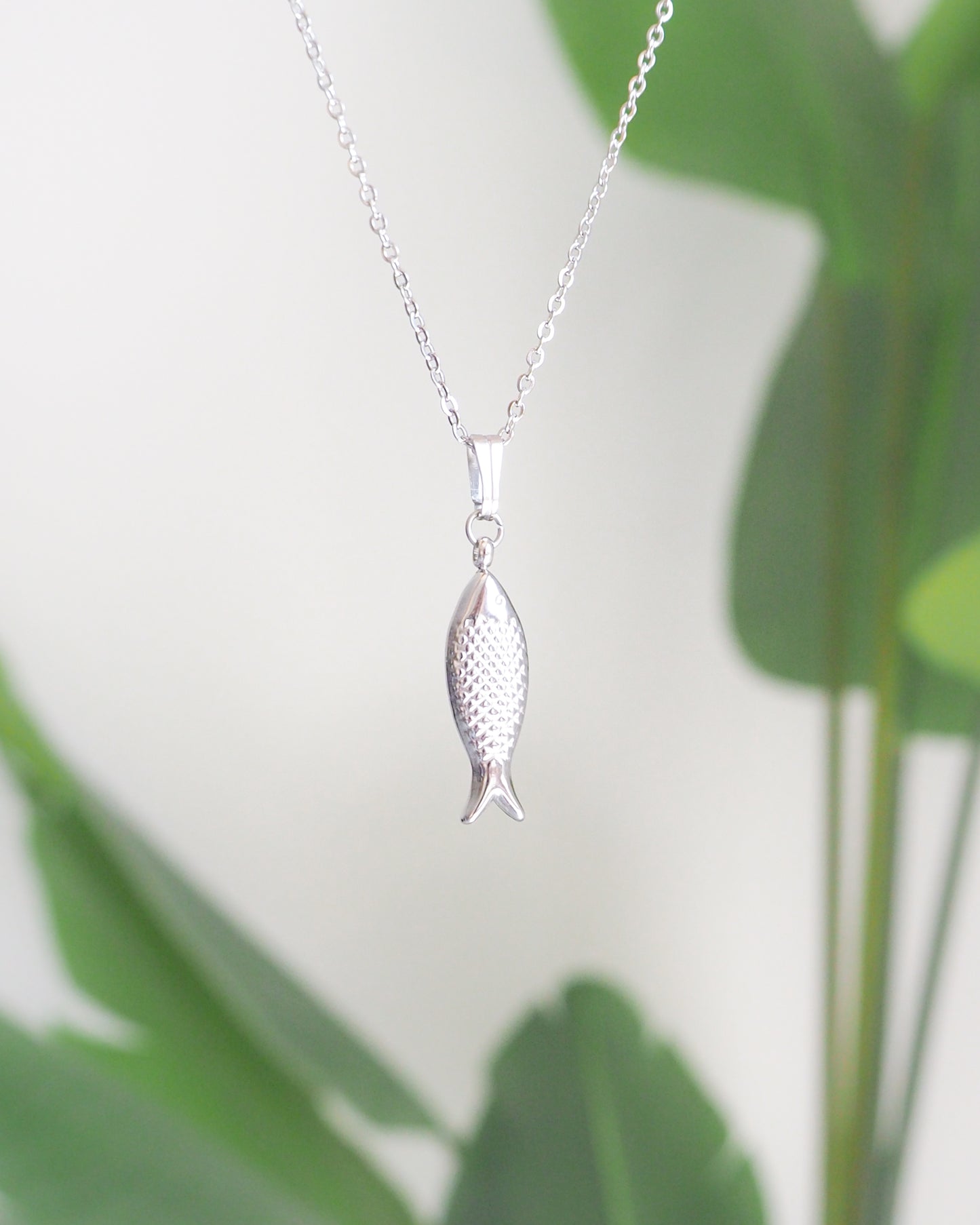 Silver Sardine Fish Necklace front view