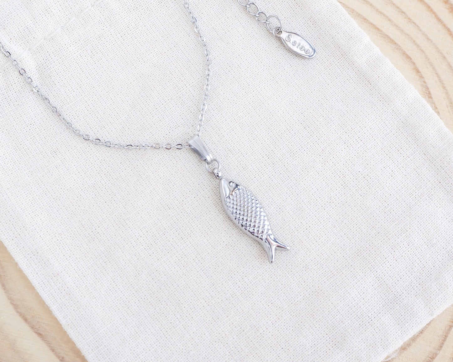 Silver Sardine Fish Necklace from Portugal on display
