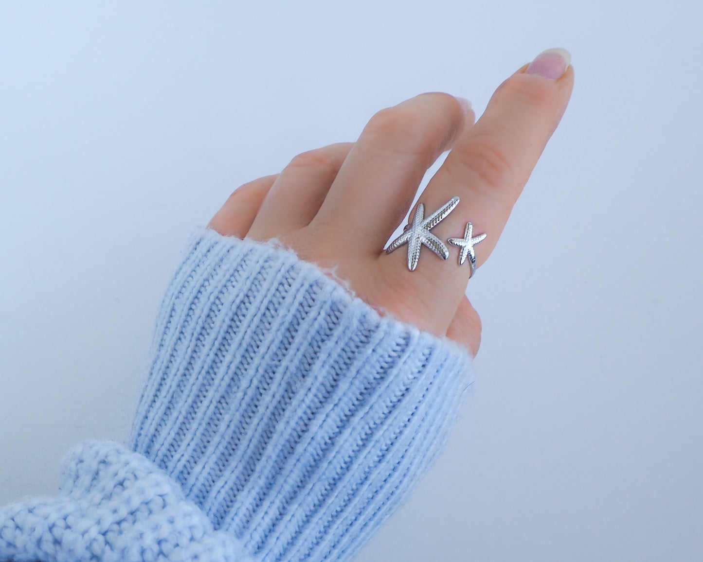 Silver Starfish Sea Star Ring on finger