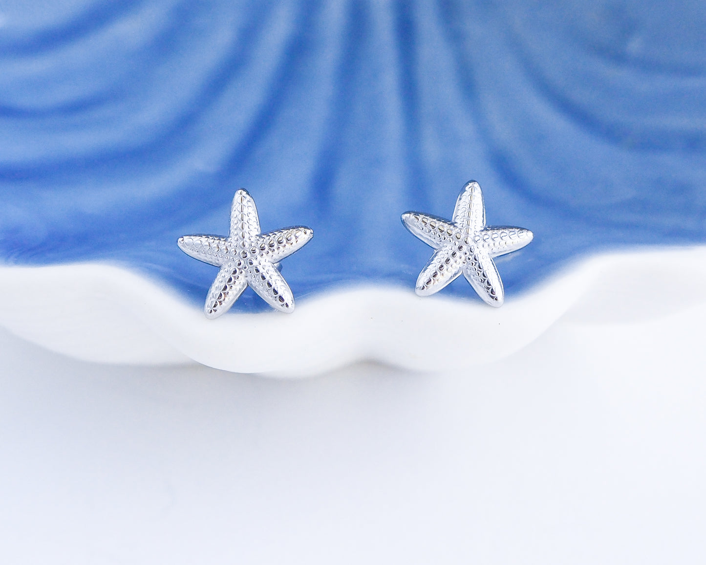 Silver Starfish Stud Earrings, Silver Sea Star Earrings, Front view
