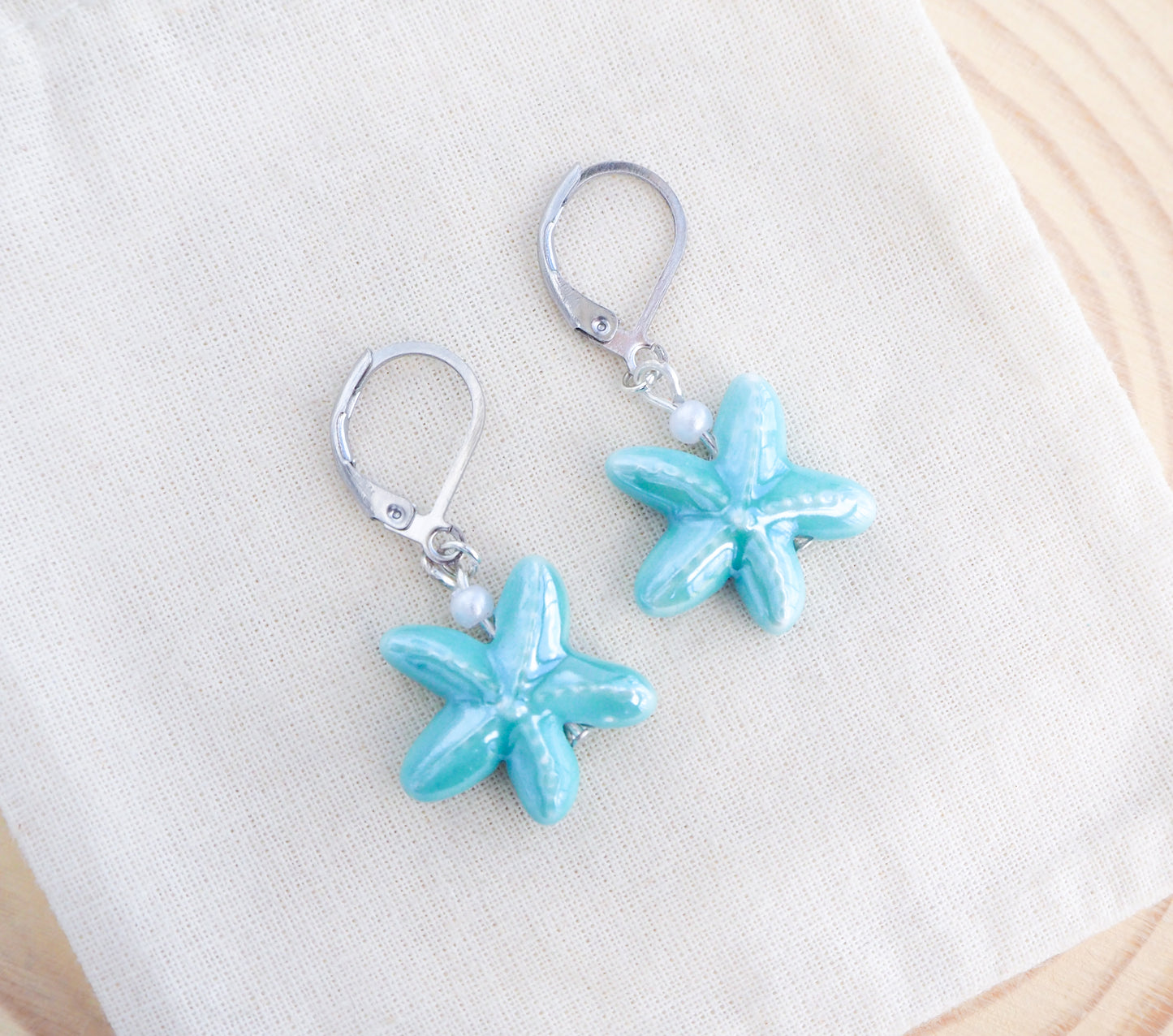 Silver Turquoise Ceramic Starfish Earrings, Turquoise Sea Star Earrings