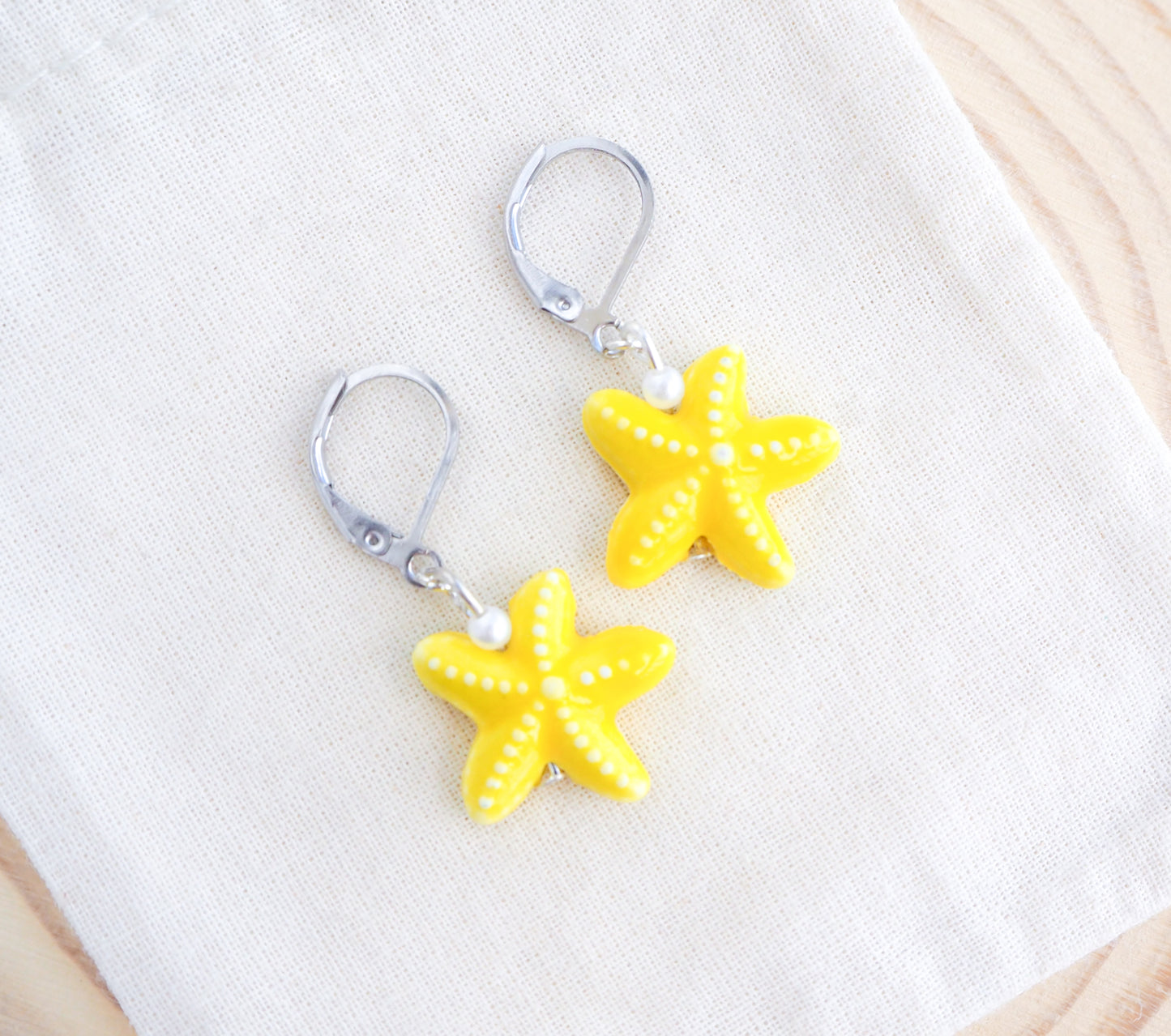 Silver Yellow Ceramic Starfish Earrings, Yellow Sea Star Earrings
