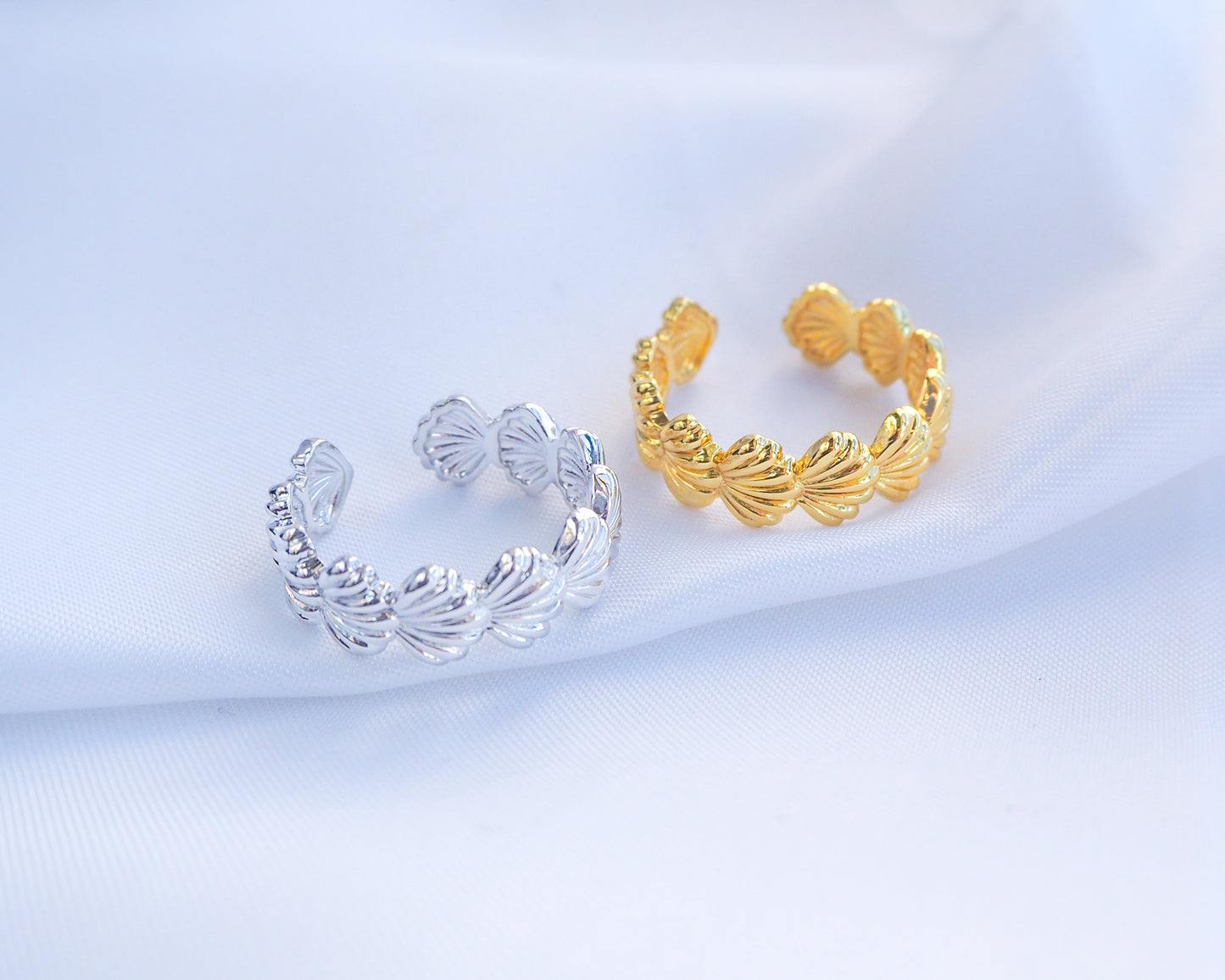 Silver and Gold Shell Rings, waterproof beach jewelry on silk