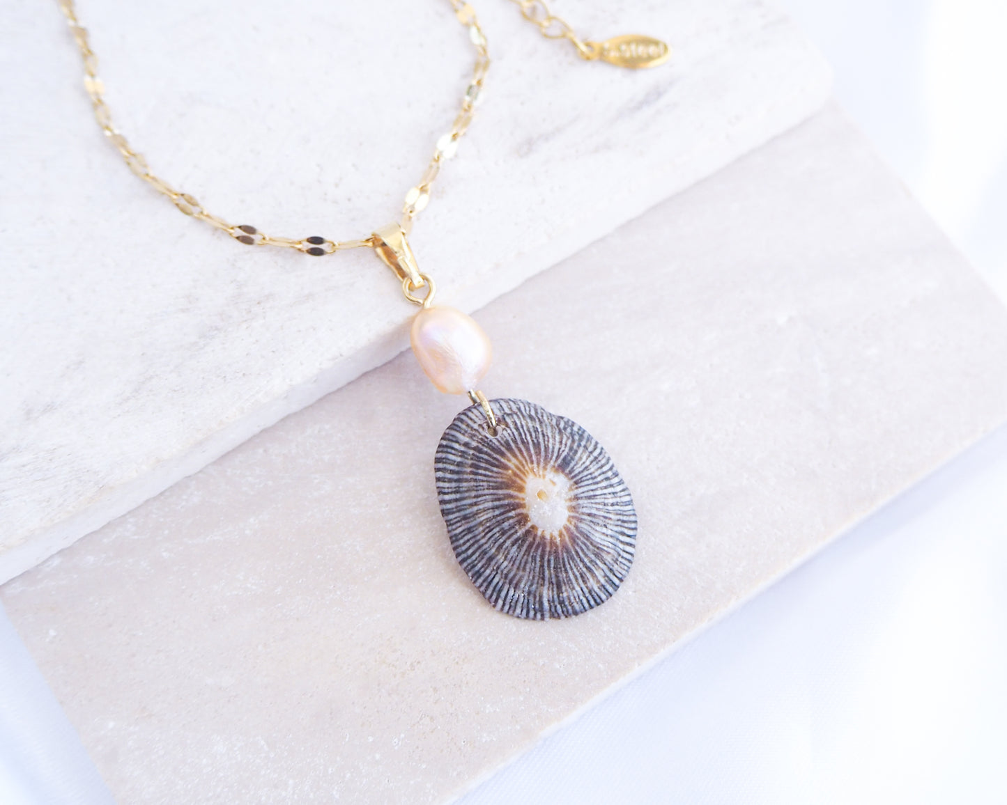 Front view of Striped Limpet Shell Pearl Necklace on display, Dark Limpet Shell from Portugal with freshwater pearl and gold chain.