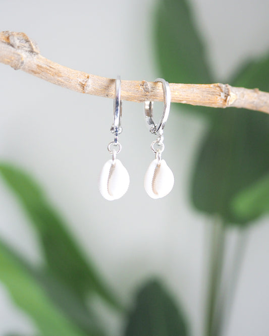 925 Silver Cowrie Shells Earrings with white background and green plant details, Tiny Cowrie Shell Earrings