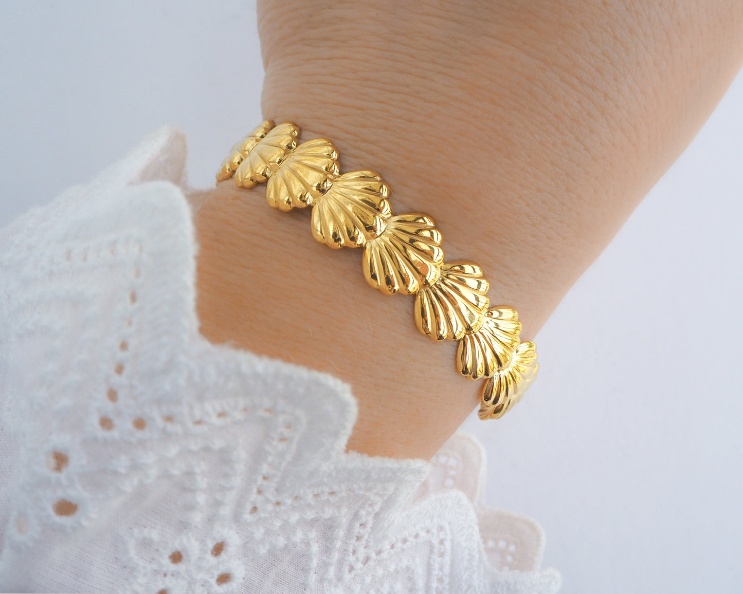 Adjustable Tiny Gold Shell Bangle Bracelet, Gold Shell Bracelet on hand model