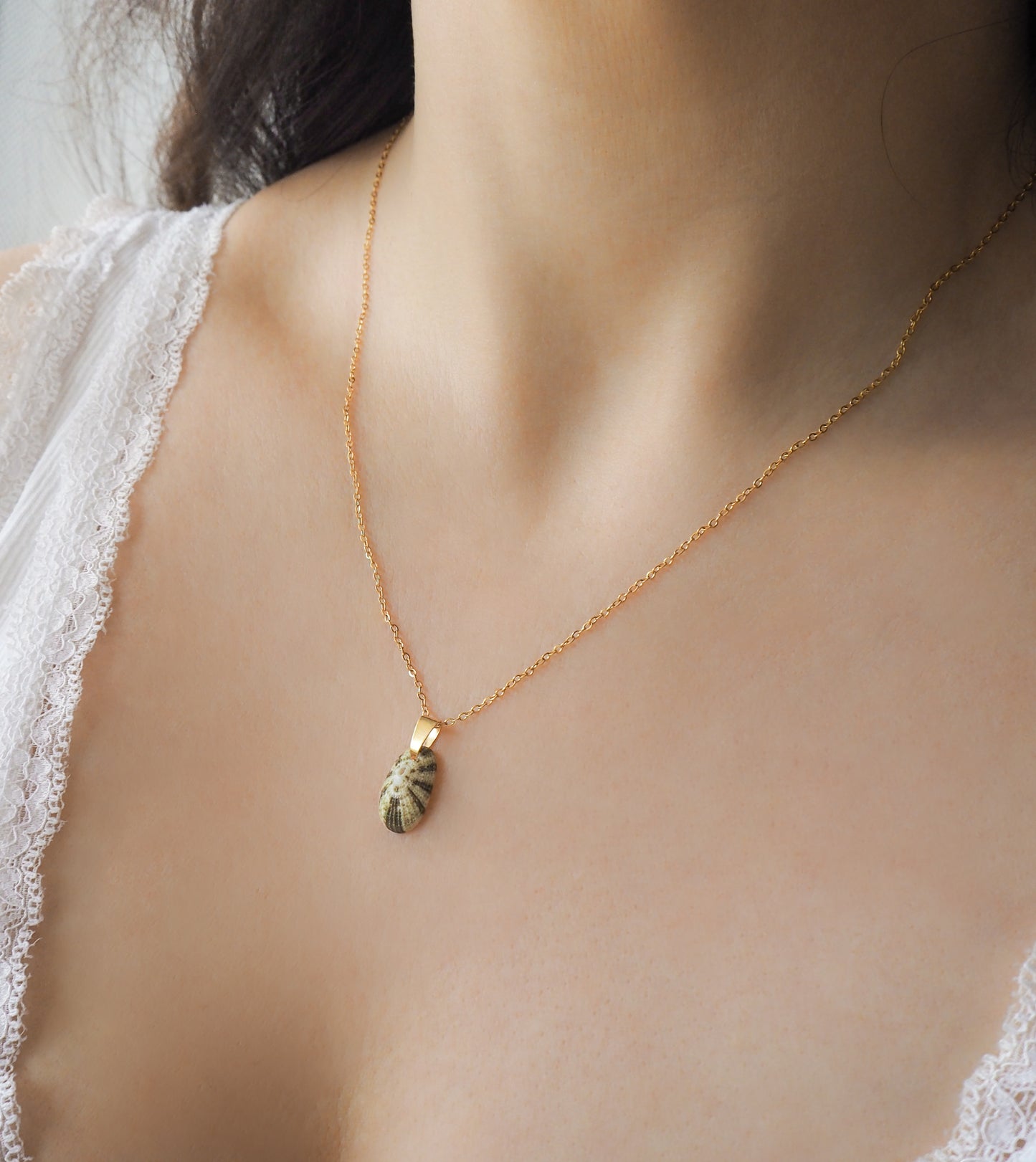 Tiny Green Common Keyhole Limpet Shell Gold Necklace on neck model