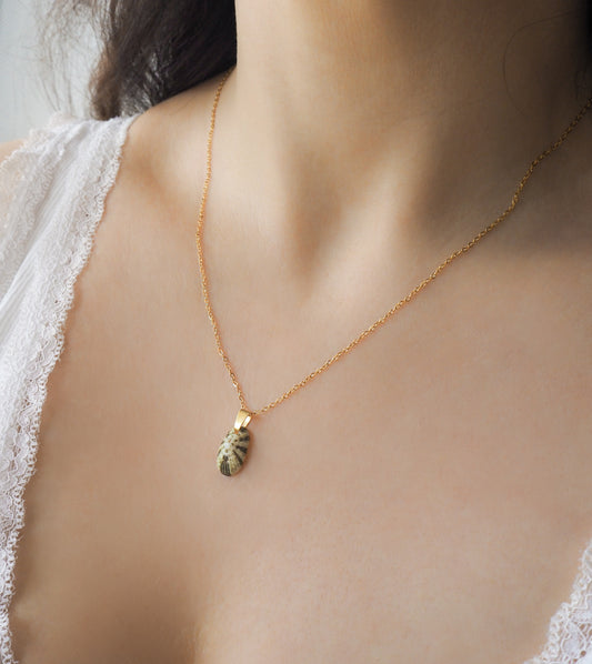 Tiny Green Common Keyhole Limpet Shell Gold Necklace on neck model