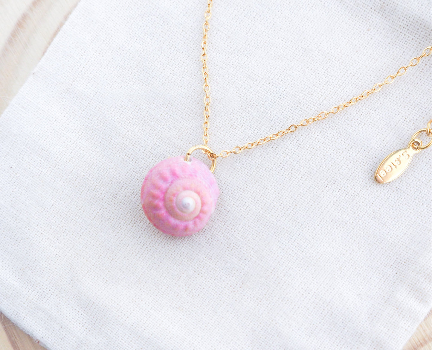 Tiny Pink Shell Gold Necklace, Pink Magus Top Shell from Portugal on display