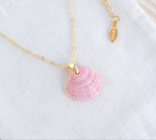 Tiny Pink Venus Shell Gold Necklace on display, seabylou