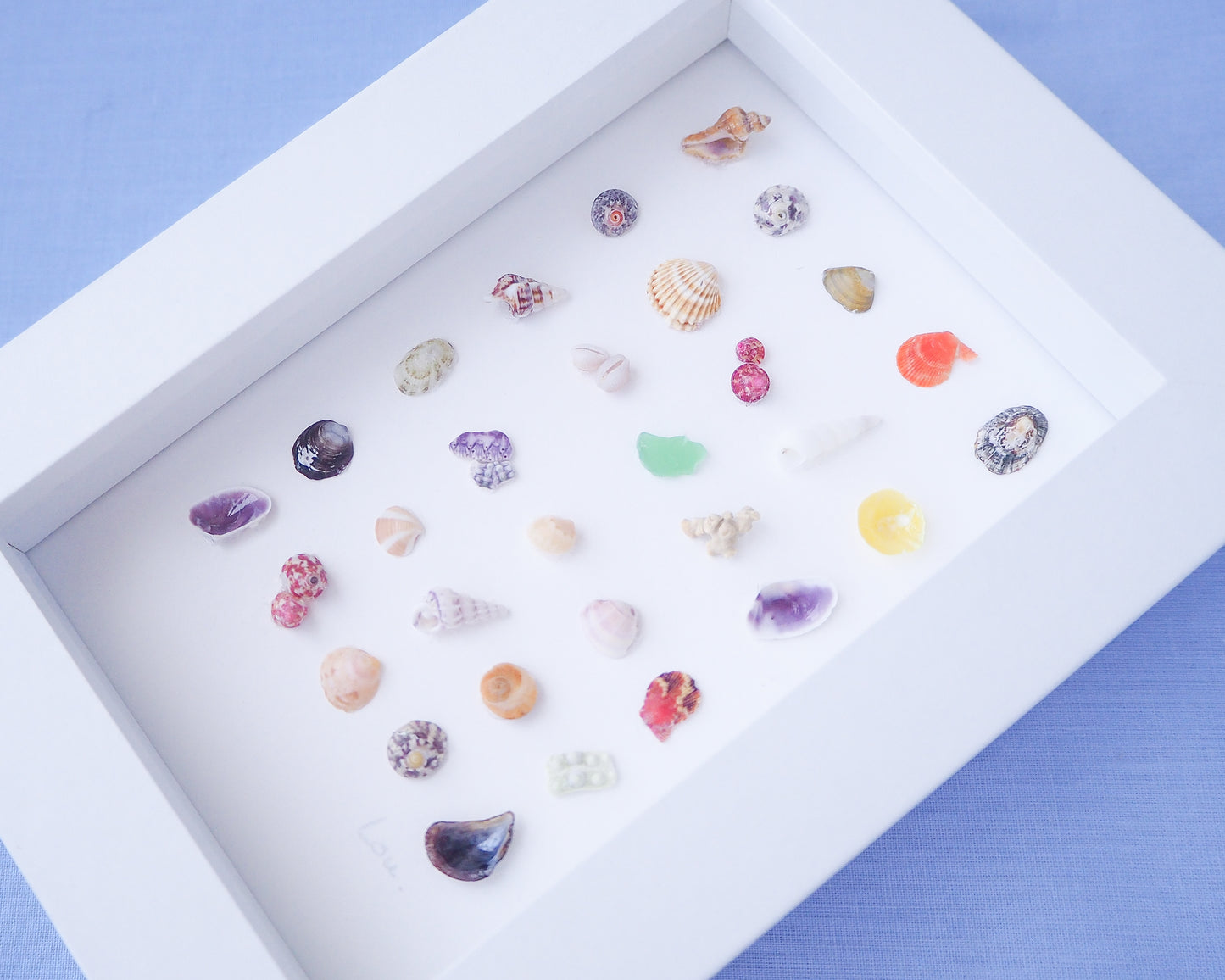 Side view of Seashell Artwork Mini Mix featuring 30 tiny beach treasures and shells handpicked from Portugal set in a white glass frame box. Coastal Beach Art for bookshelf. seabylou, SEA by LOU