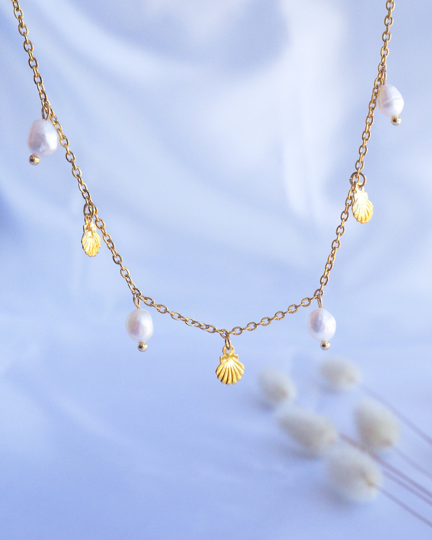 Tiny Shell Pearl Charm Necklace ~ Gold