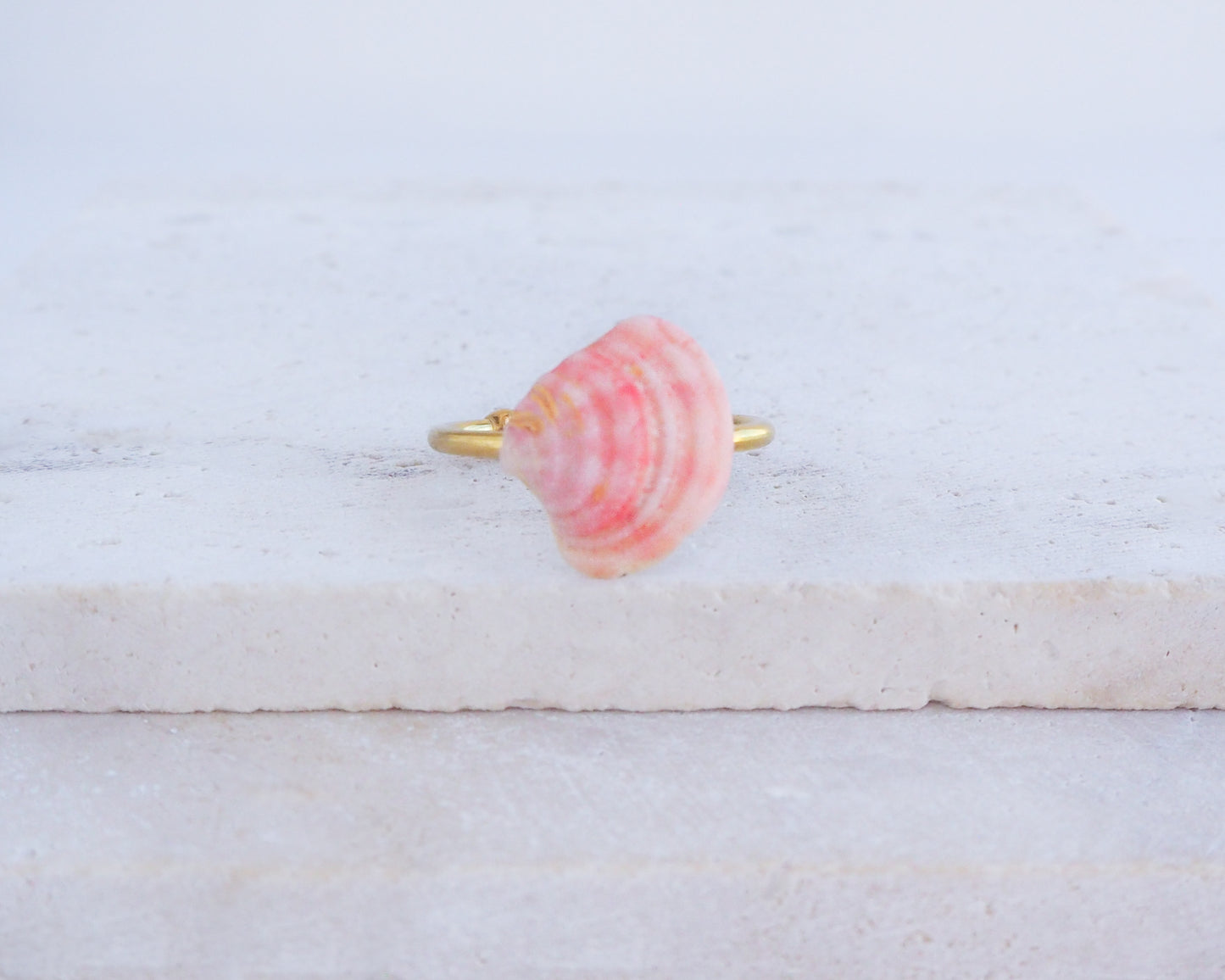 Tiny Soft Pink Venus Shell Gold Ring on display, Pink Tiny Shell from Portugal, Summer Jewelry, Sea by Lou