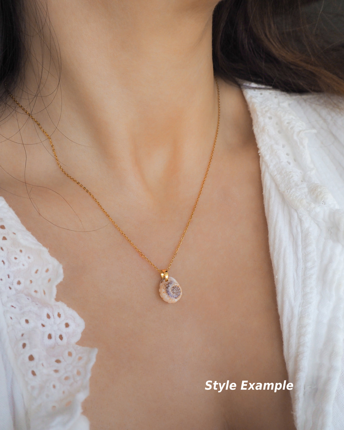Gold Tritia Neritea Shell on neck model handpicked tritia neritea shell from Portugal, 18k gold stainless steel necklace chain