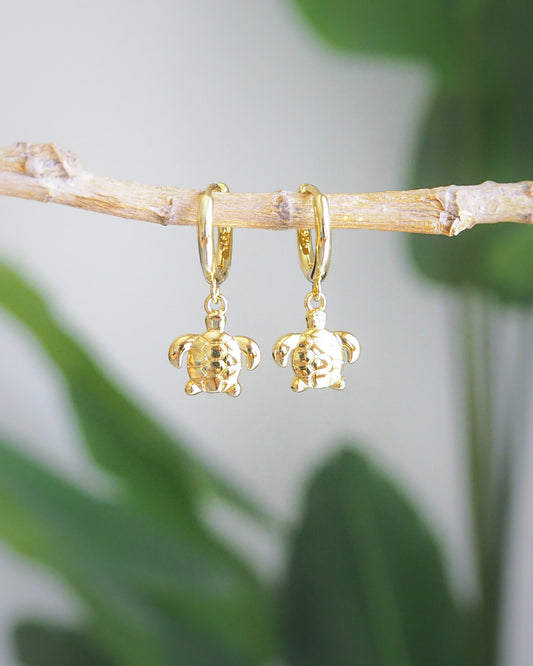 Tiny Turtle Hoop Earrings with plant background, 14k gold vermeil 925 sterling silver tiny ocean earrings, beach girl jewelry, sea by lou, mix and match beach earrings