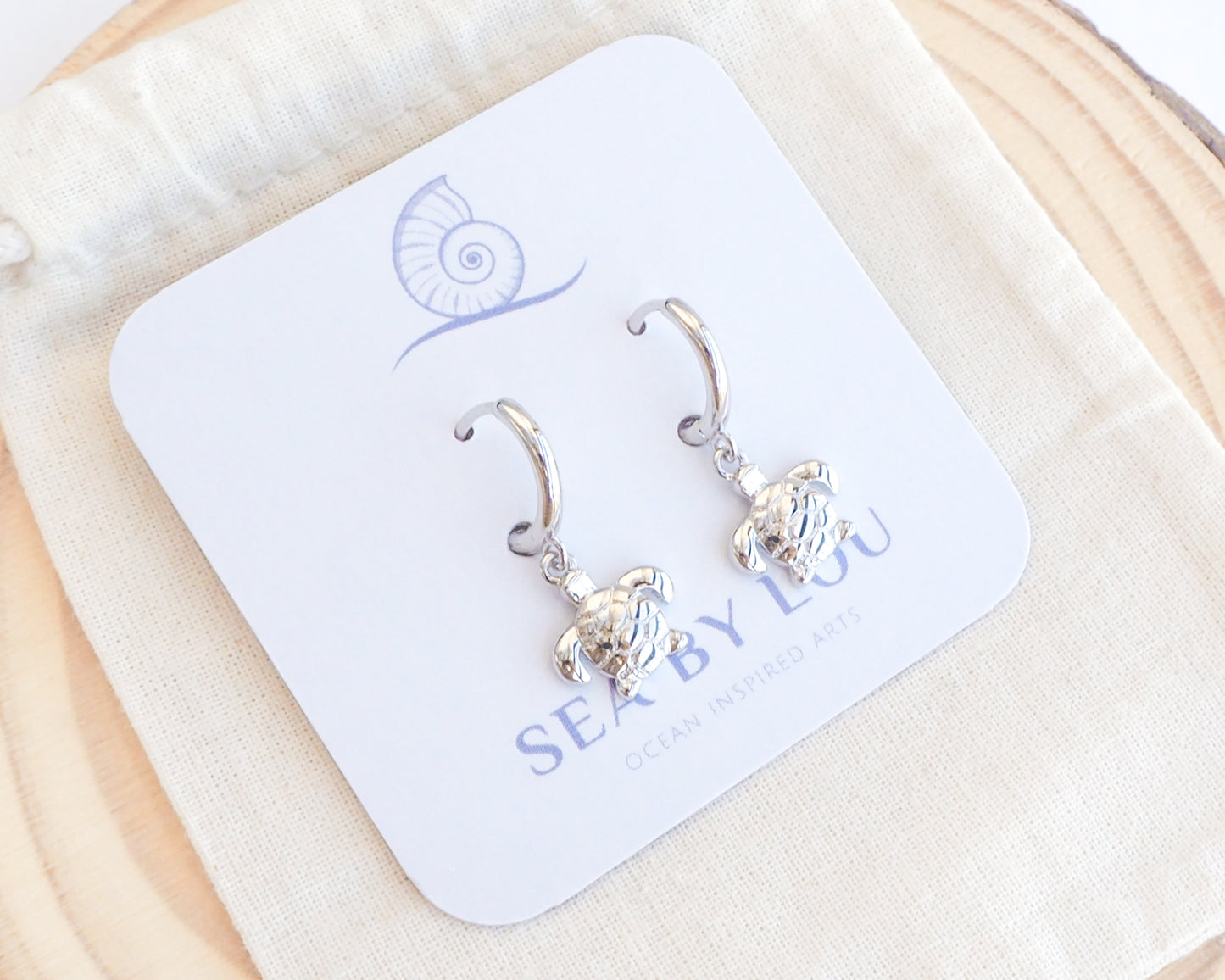 Tiny Turtle Hoop Earrings 925 sterling silver on display, 14k gold vermeil 925 sterling silver tiny ocean earrings, beach girl jewelry, sea by lou, mix and match beach earrings