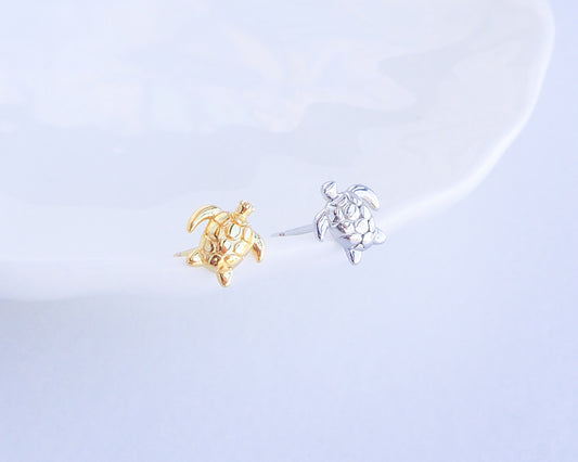 Gold and Silver Tiny Turtle Stud Earrings front view