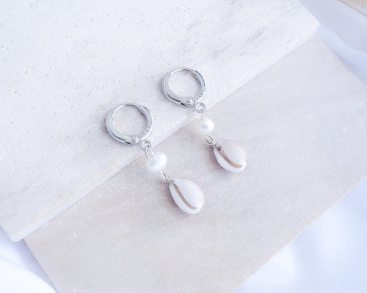 Tiny cowrie shell earrings with freshwater pearls and 925 silver hoops, beach wedding jewelry