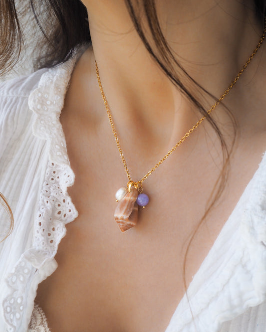 Cone Shell Gemstone Pearl Trio Necklace ion model