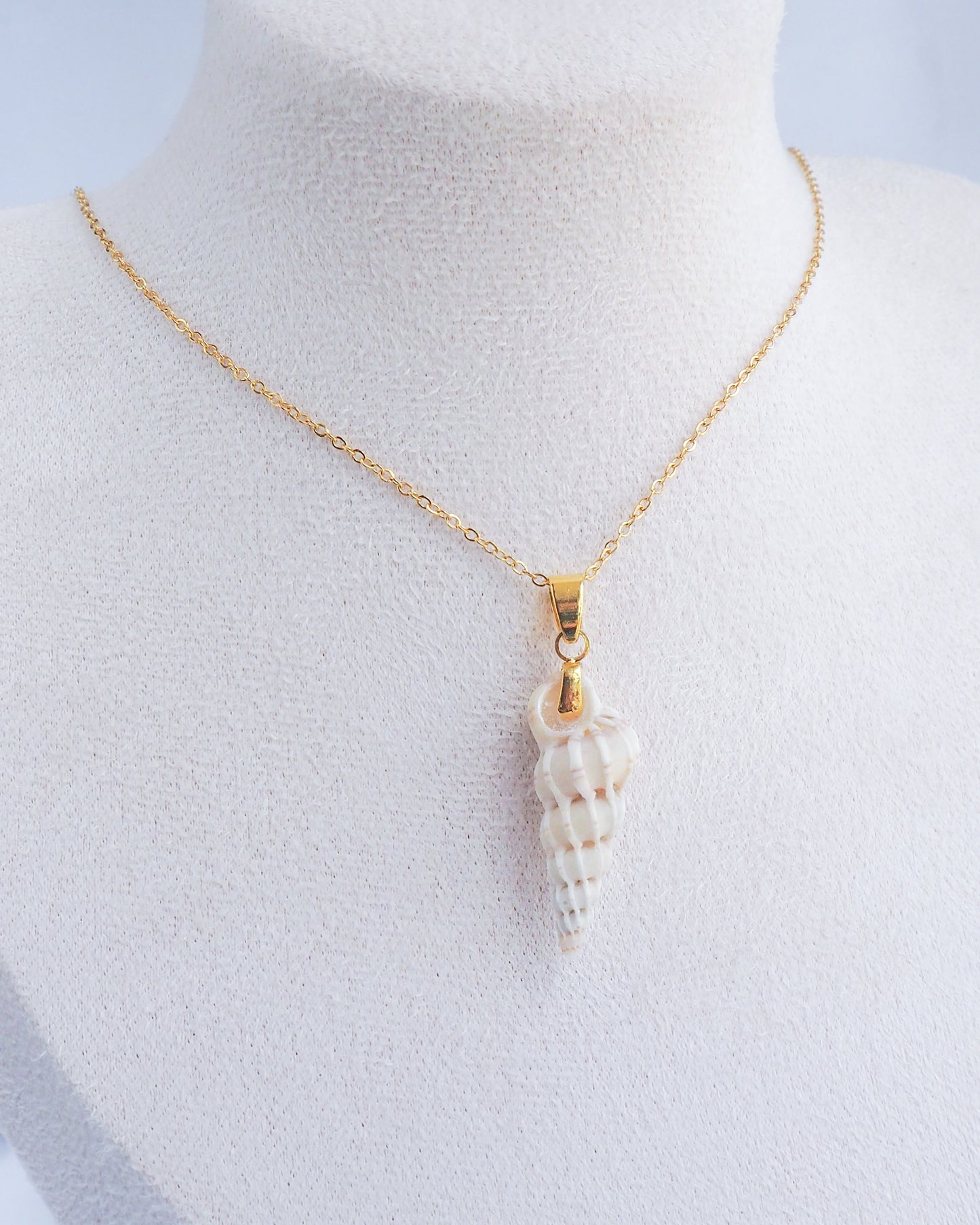 White Common Wentletrap Necklace on neck front view