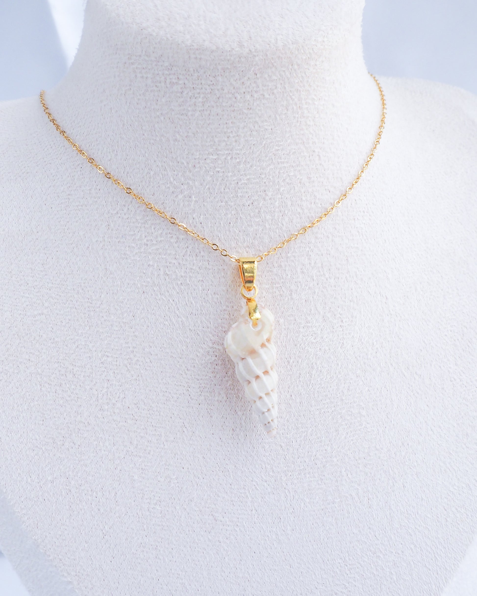 White Common Wentletrap Necklace on neck front view