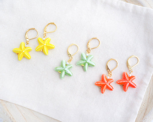 Mix of Ceramic Starfish Gold Earrings on display, Yellow Green Orange Sea Star Summer earrings