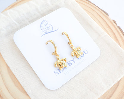 Gold Tiny Turtle Hoop Earrings on display, 14k gold vermeil 925 sterling silver tiny ocean earrings, beach girl jewelry, sea by lou, mix and match beach earrings 