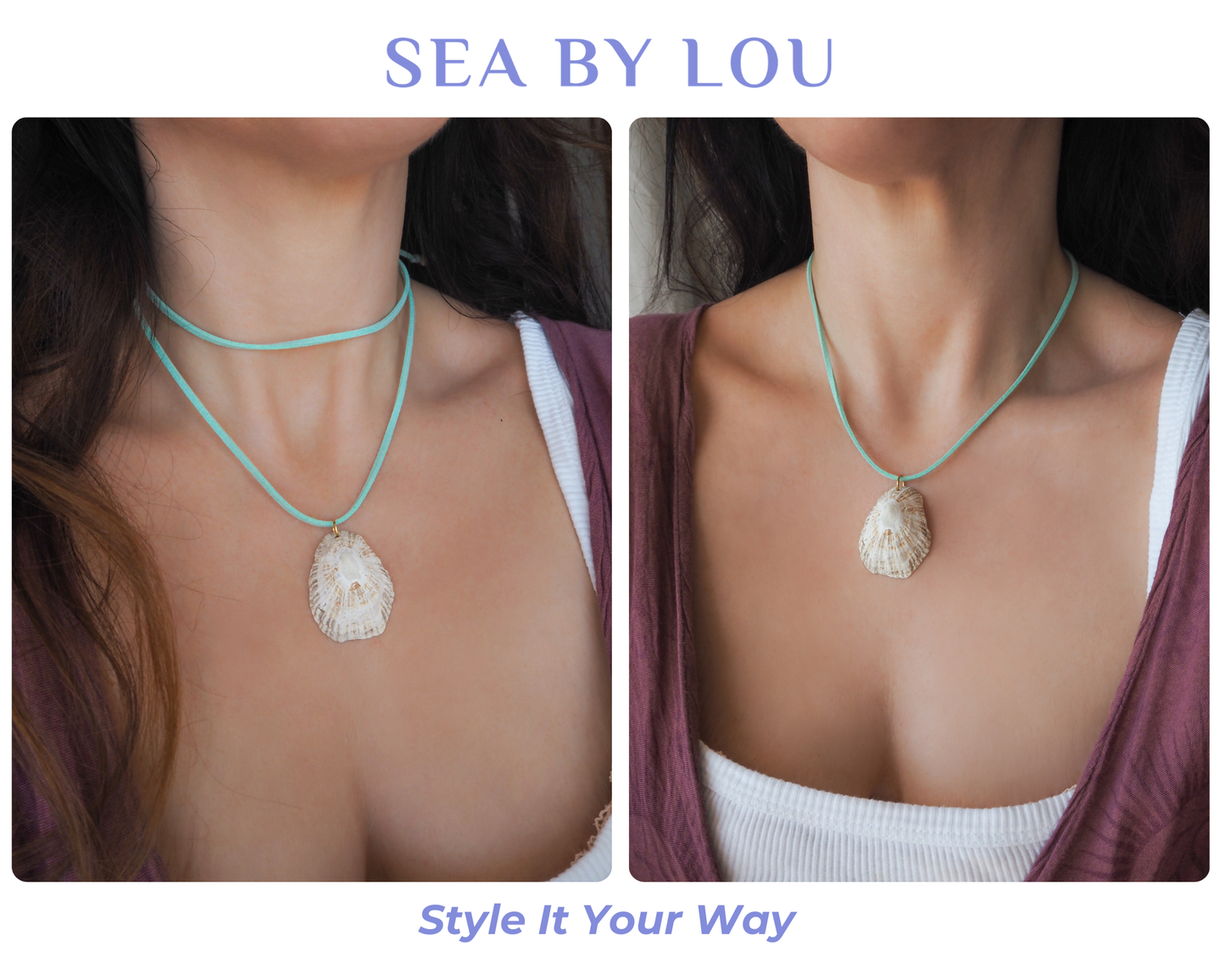 Two side-by-side lifestyle photos of a model wearing a double-layered necklace with a seashell pendant. The necklace features a thin mint green cord and a larger matching cord layer.