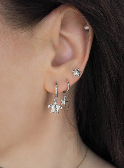 925 Silver Tiny Turtle Hoop Earrings in ear model, 14k gold vermeil 925 sterling silver tiny ocean earrings, beach girl jewelry, sea by lou, mix and match beach earrings 