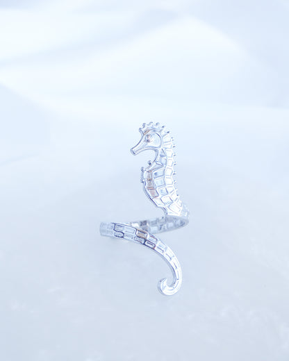 Front view of Silver Seahorse Ring on a light background, made with 18k gold stainless steel and adjustable size