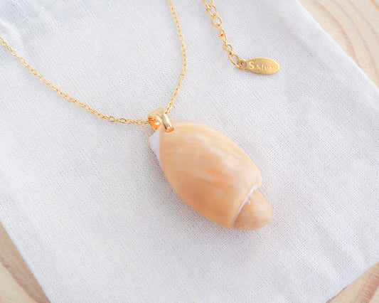 Algarve Volute Gold Necklace on display, Algarve Volute Shell from Portugal