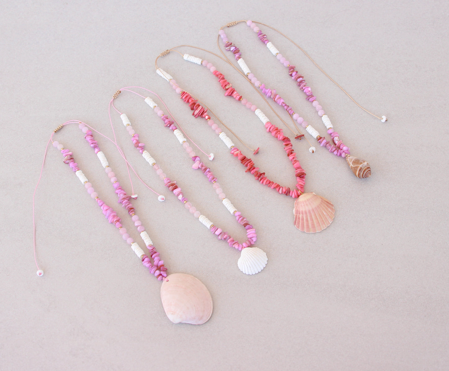 BIG SCALLOP SHELL NECKLACE ~ Rose Quartz Gemstones, Coral Pink Stones and White Shell Beads