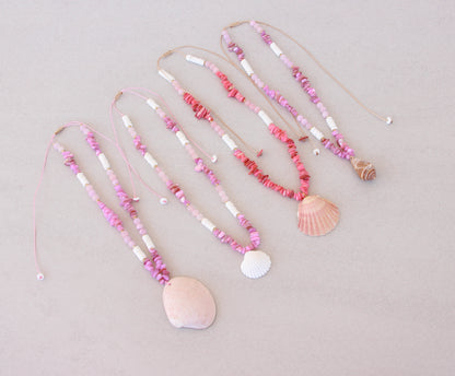 BIG SCALLOP SHELL NECKLACE ~ Rose Quartz Gemstones, Coral Pink Stones and White Shell Beads