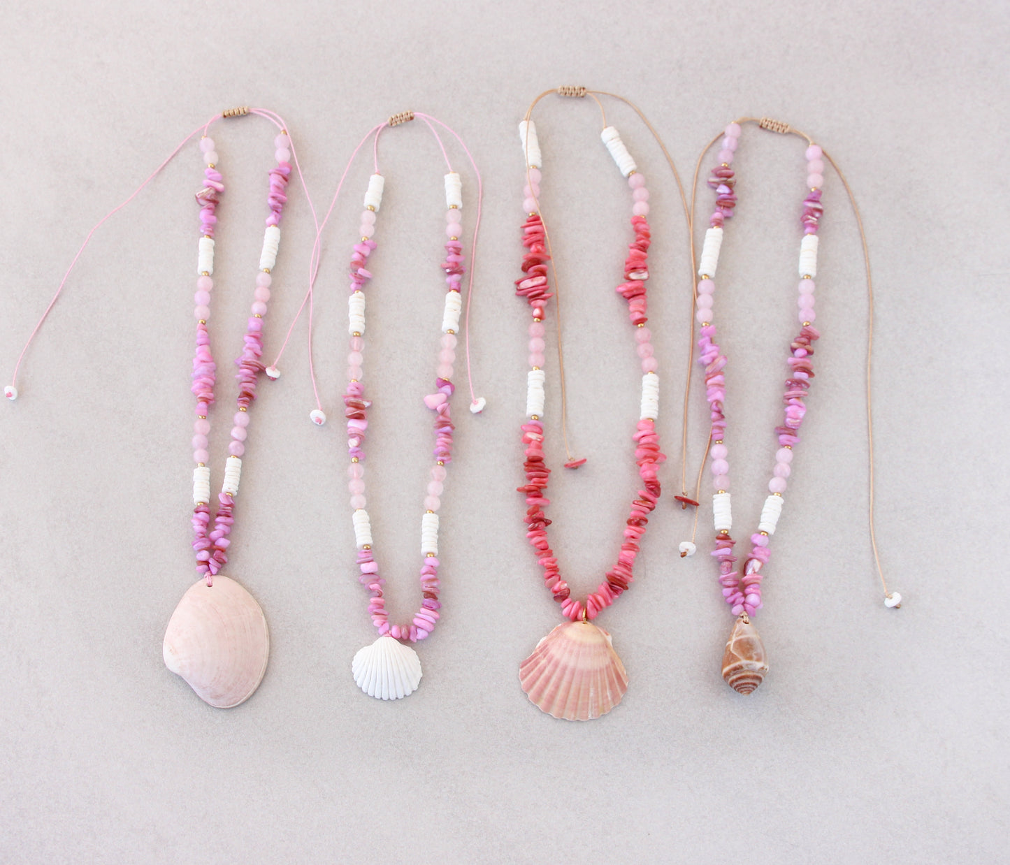 BIG SCALLOP SHELL NECKLACE ~ Rose Quartz Gemstones, Coral Pink Stones and White Shell Beads
