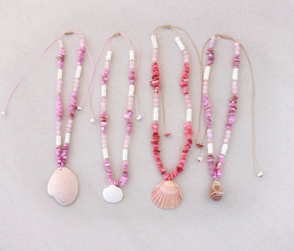BIG SCALLOP SHELL NECKLACE ~ Rose Quartz Gemstones, Coral Pink Stones and White Shell Beads