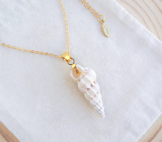 White Common Wentletrap Necklace backside on display