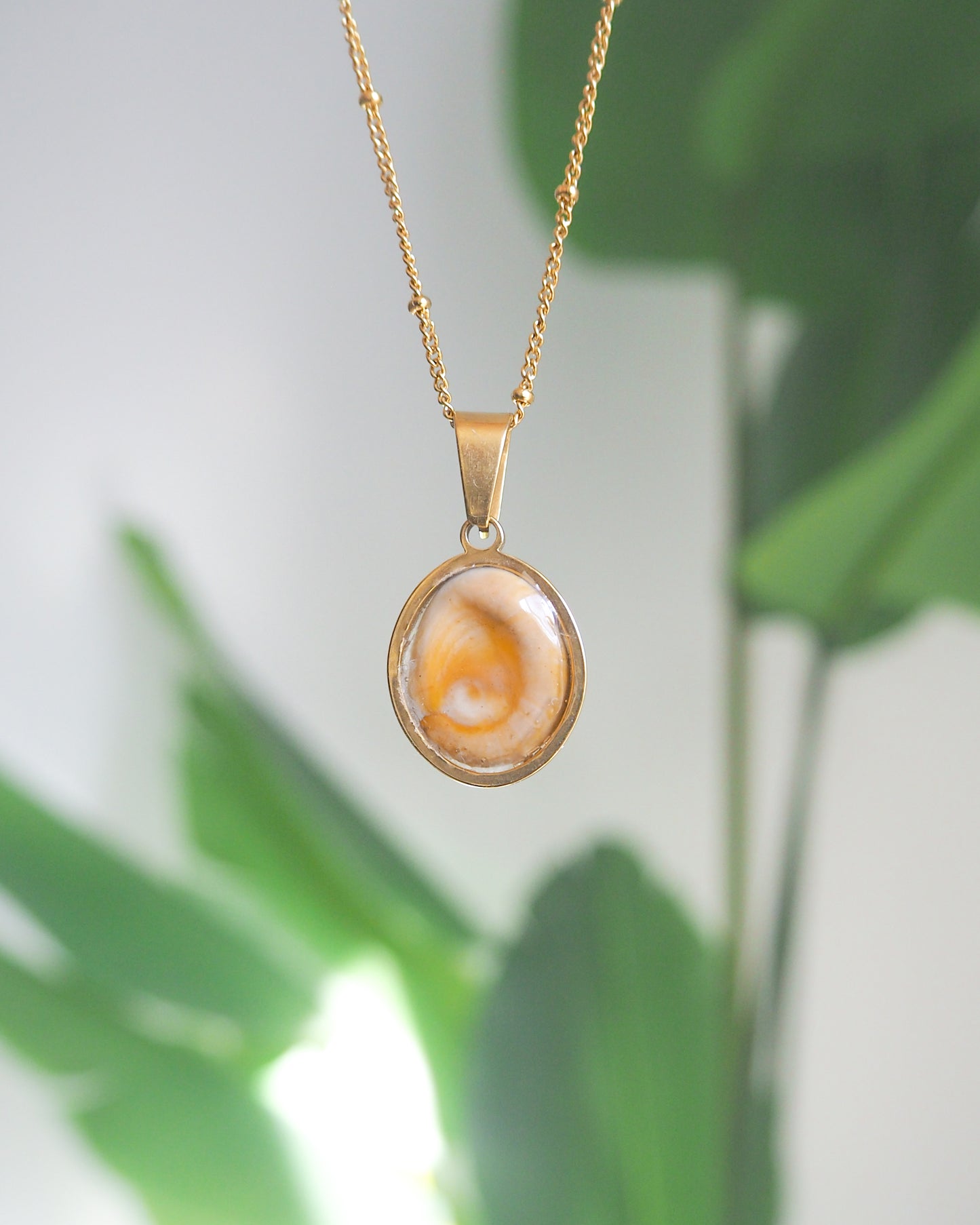 Back of White Eye of Saint Lucia Gold Necklace with green plant background, 18k gold stainless steel shiva eye pendant necklace, Saint Lucy Eye, operculum pendant