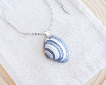 Blue White Striped Atlantic Surfclam Shell Silver Necklace from Portugal on display