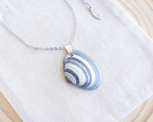 Blue White Striped Atlantic Surfclam Shell Silver Necklace from Portugal on display