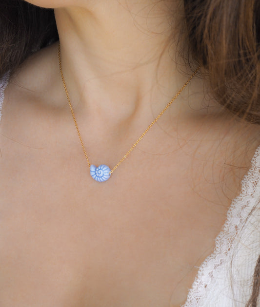 Blue Ceramic Seashell Nautilus Gold Necklace on neck model