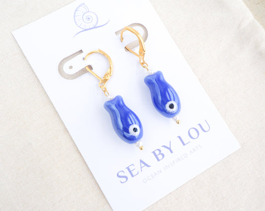 Dark Blue Fish Ceramic Earrings - Blue Sardine Fish - 18k Gold Stainless Steel or Silver - Handcrafted Coastal Summer Jewelry