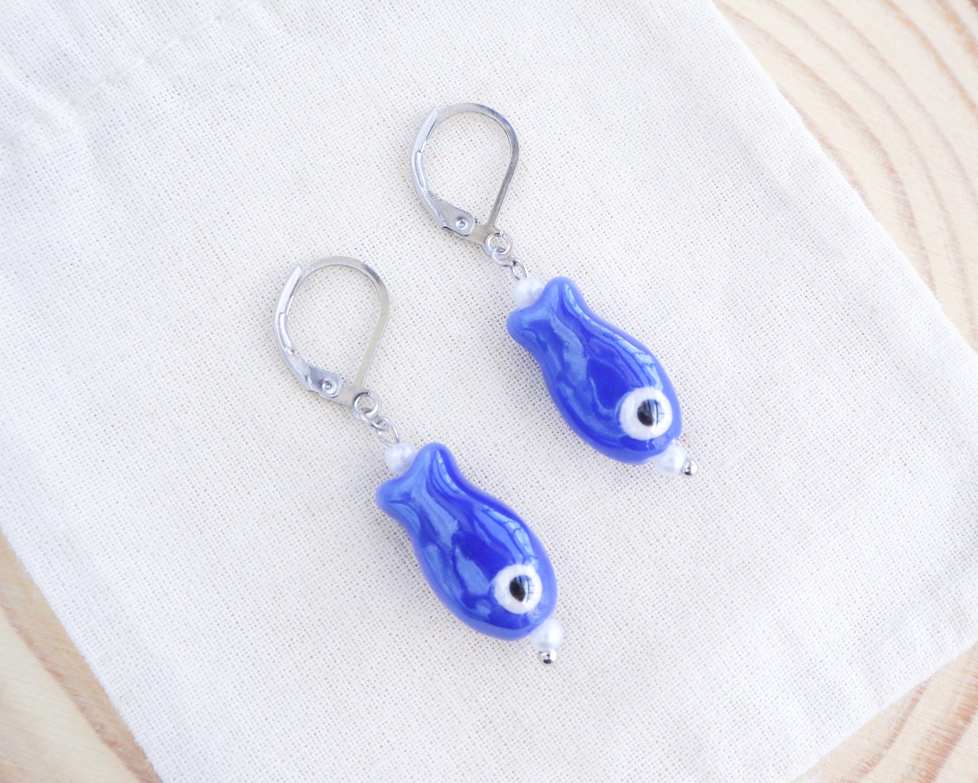 Blue Fish Ceramic Earrings - Blue Sardine Fish - 18k Gold Stainless Steel or Silver - Handcrafted Coastal Summer Jewelry