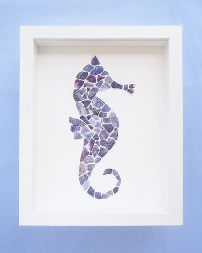 Blue Mussel Mosaic Seahorse Artwork front view, Seashell Mosaic Hippocampus Coastal Wall Art, Coastal Home Decor, Handmade Seashell Art with Blue Mussel Shells from Portugal