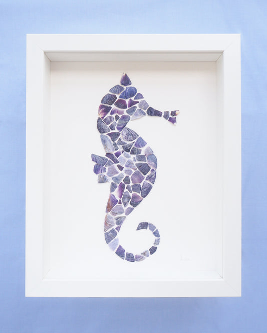 Blue Mussel Mosaic Seahorse Artwork front view, Seashell Mosaic Hippocampus Coastal Wall Art, Coastal Home Decor, Handmade Seashell Art with Blue Mussel Shells from Portugal