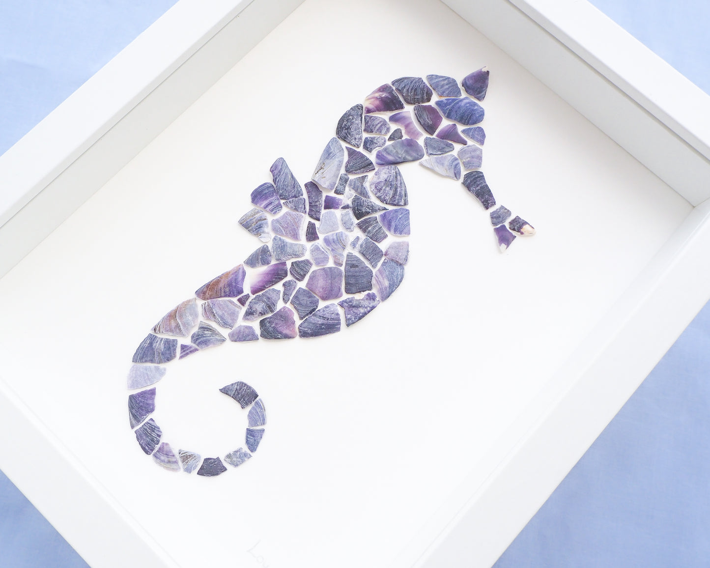 Blue Mussel Mosaic Seahorse Artwork side view, Seashell Mosaic Hippocampus Coastal Wall Art, Coastal Home Decor, Handmade Seashell Art with Blue Mussel Shells from Portugal
