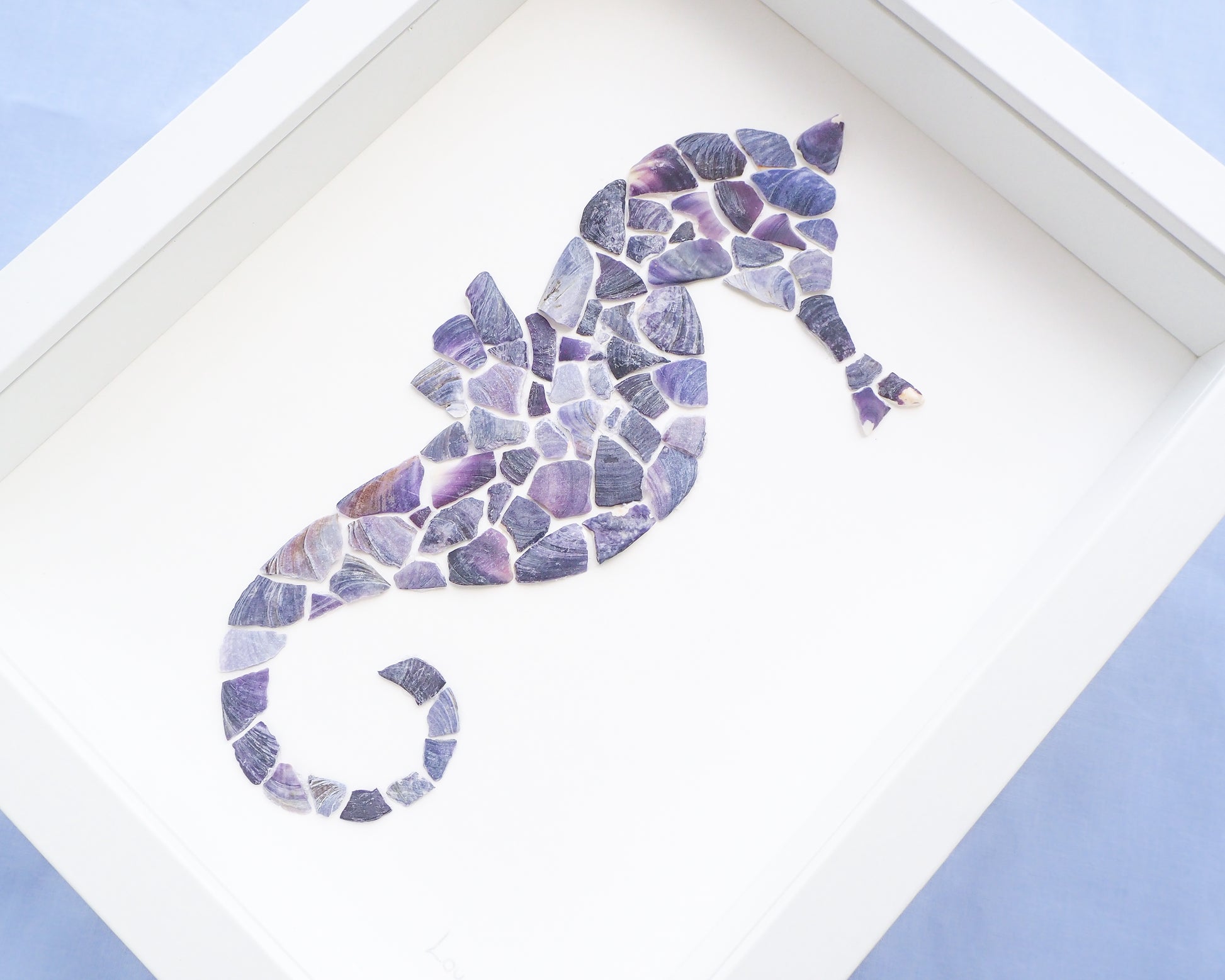 Blue Mussel Mosaic Seahorse Artwork side view, Seashell Mosaic Hippocampus Coastal Wall Art, Coastal Home Decor, Handmade Seashell Art with Blue Mussel Shells from Portugal