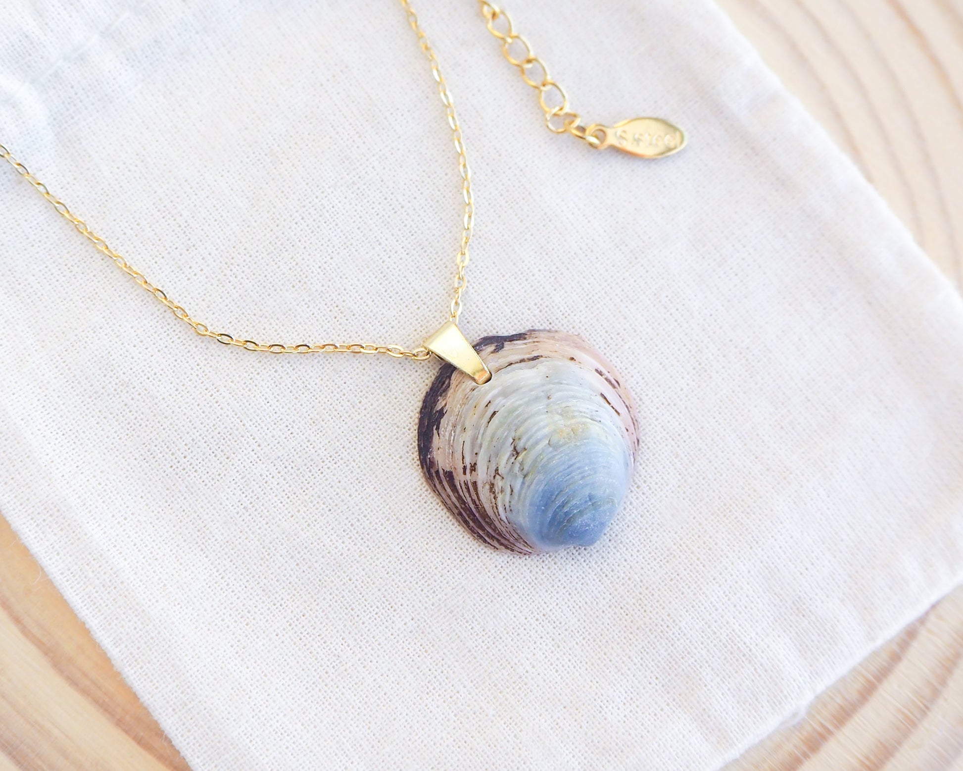 Blue Ungulina Rubra Shell Necklace with gold chain on display, handpicked blue mussel shell from Portugal, blue cockle shell 