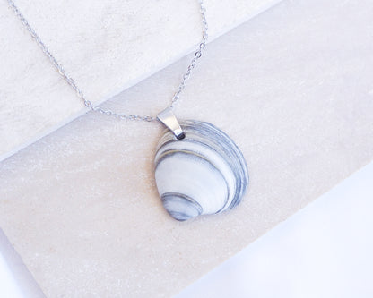 Blue White Striped Venus Shell Silver Necklace from Portugal on display