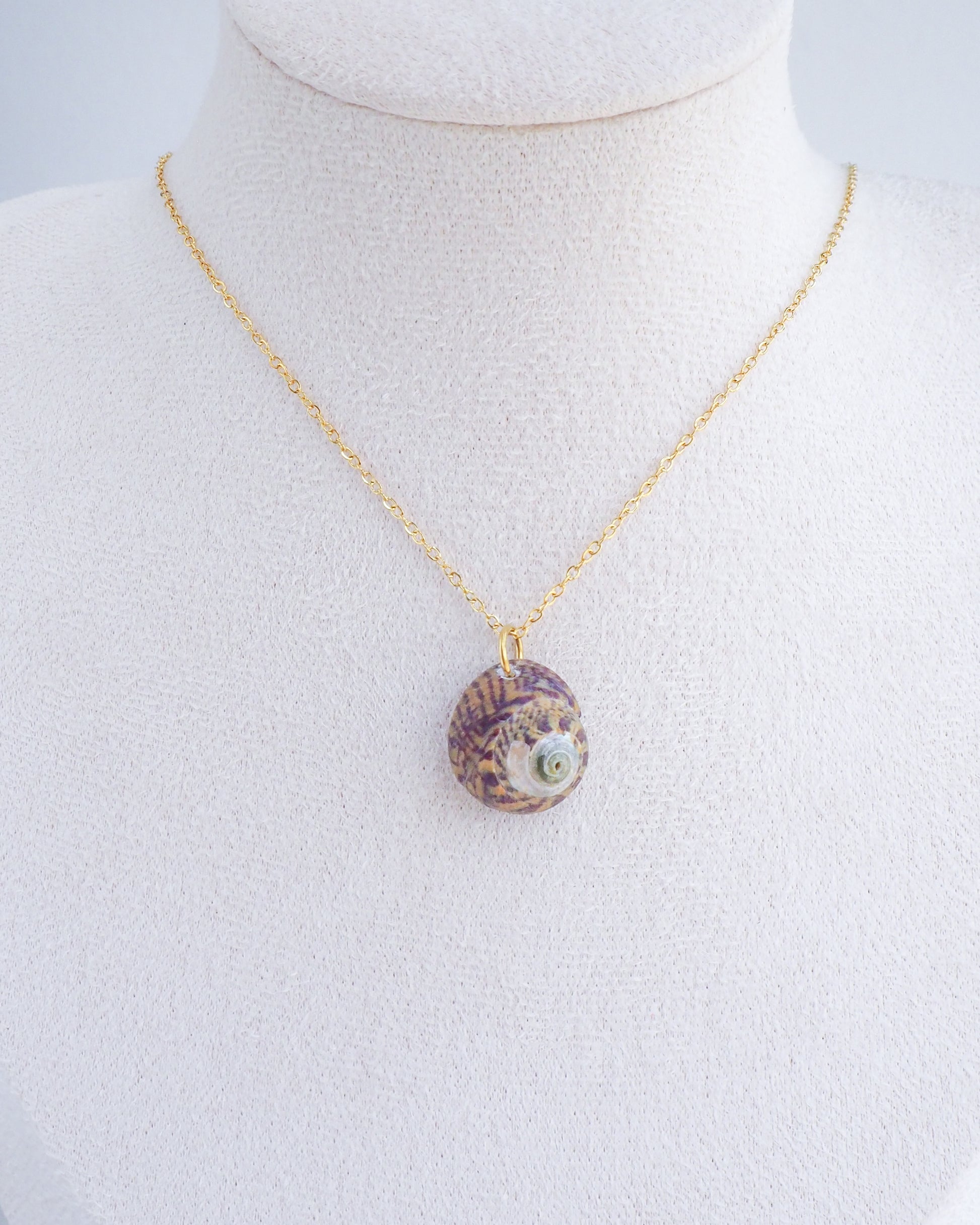 Bordeaux Yellow Striped Top Shell Necklace on neck display