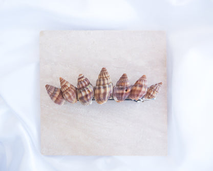 Brown Netted Dog Whelk Shells Hair Clip Barrette II on stone displayed, Boho Seashell Beach Clip from Portugal, Handpicked Real Shells, Seashell Hair Decoration, Bohemian Seashell Wedding Hair accessories, Coastal Christmas gift, Beach Wedding Hair